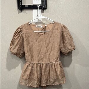 Elegant Sand Blouse with Puff Sleeves and Peplum Hem